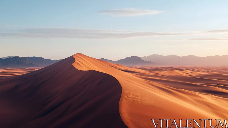 Sunlit desert dunes curling toward distant blue mountains.