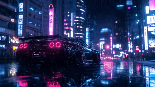 Neon sports car glides through a rainy futuristic city street