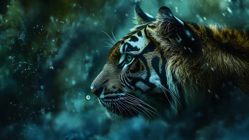 Moonlit ember tiger prowling through teal stormlight.