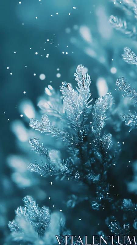 Frost covered evergreen branches in soft blue focus.