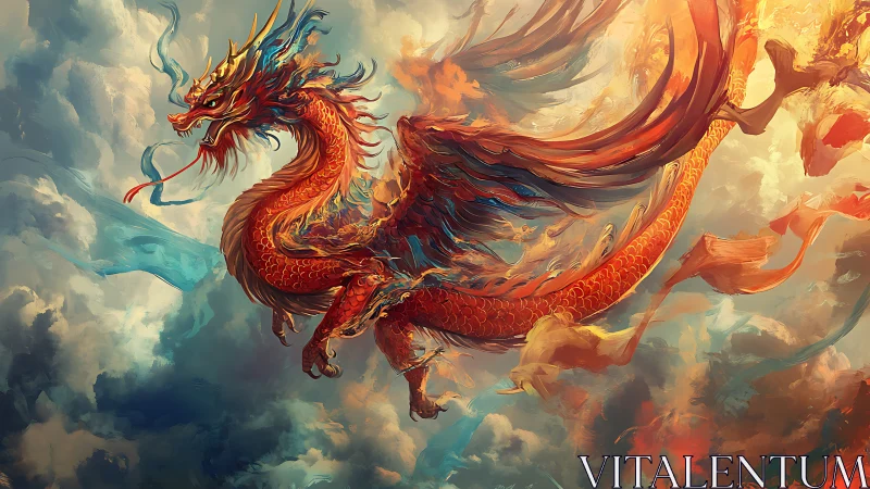 Majestic fire dragon soars through swirling painted skies