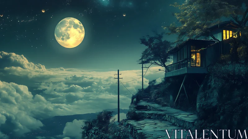 Moonlight cottage floats above a sea of whispering clouds
