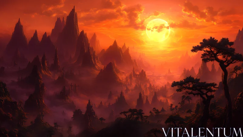 Fiery fantasy mountains under huge glowing sunset sun.