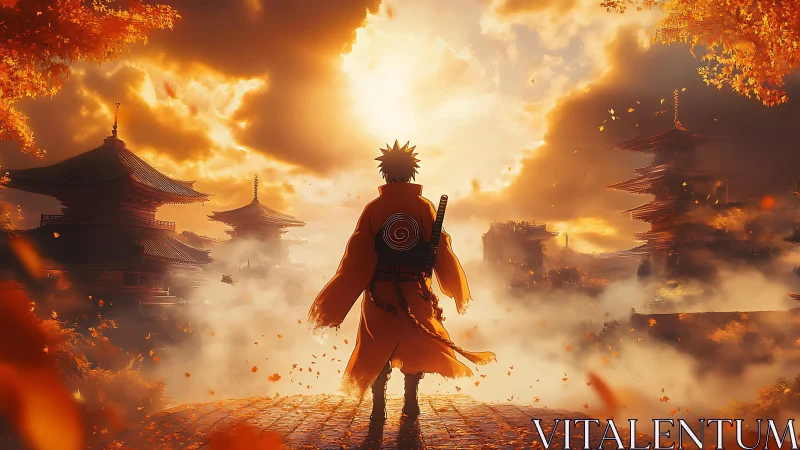 Lone ninja greets a burning autumn sky above misty temples.
