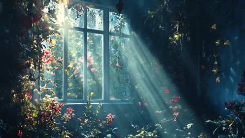 Sunlit floral window casts beams through shadowed garden.