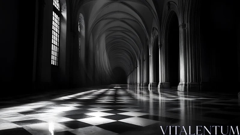Monochrome vaulted corridor with reflective tiled floor.