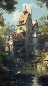 Riverside fairy-tale tower house with sunlit timber roofs.