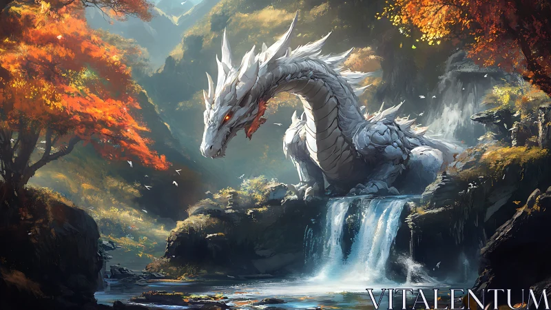 Silver dragon sentinel resting over cascading falls.