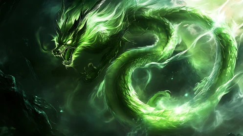 Emerald spirit dragon coils through stormlit emerald mist