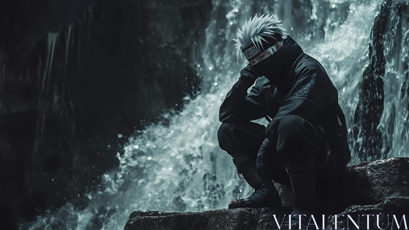 Solitary masked shinobi rendered against cascading waterfall