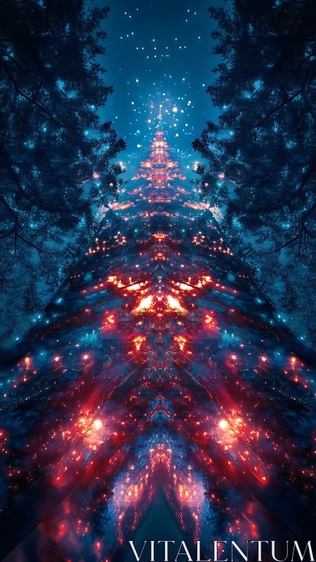 Glowing cosmic tree rising through dark forest night sky.