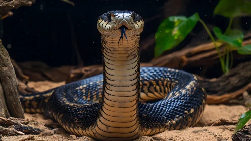 Curious cobra rises from the sand in a quiet forest nook.