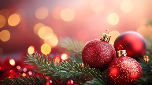 Red glitter baubles on fir branches with warm bokeh glow.