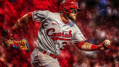 Dynamic baseball runner in red uniform bursting forward.