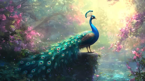 Chromatic peacock on mossed ledge in luminous floral glade.