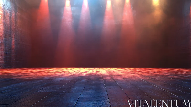 Colorful stage lights wash an empty industrial room in haze.