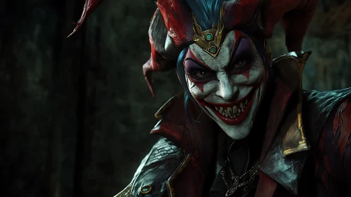 Sinister jester portrait with cracked makeup and gilt costume