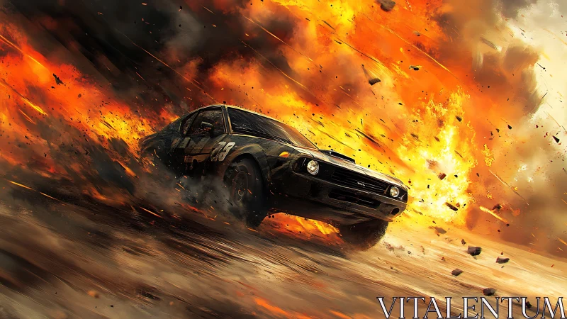 Racing car in front of large explosion on dirt landscape.