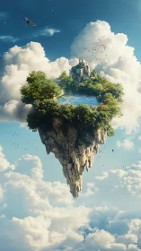 Floating rocky island with lake and village among clouds.