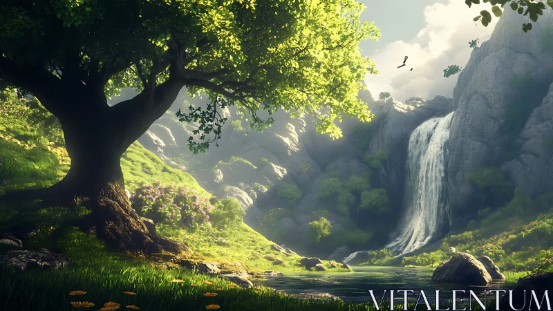 Sunlit forest waterfall unfolds in a tranquil hidden valley