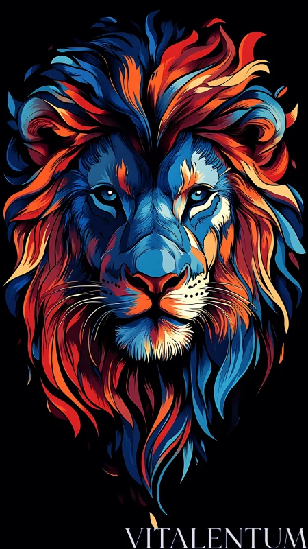 Vector lion portrait in dual-tone chromatic flame composition.