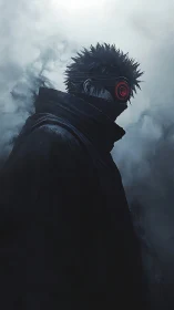 Cybernetic rogue in fog with crimson monocular visor