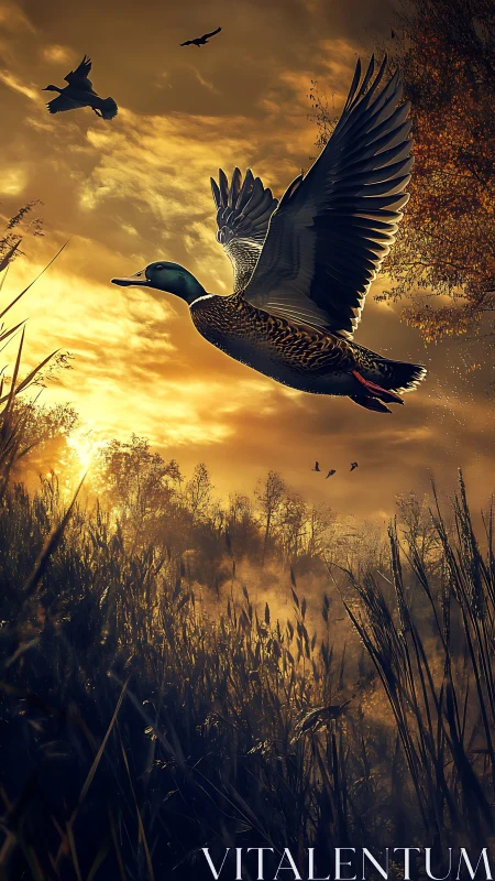 Golden marsh sunrise with wild ducks taking flight.