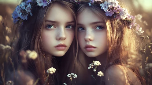 Digital portrait renders two similar girls in floral wreaths