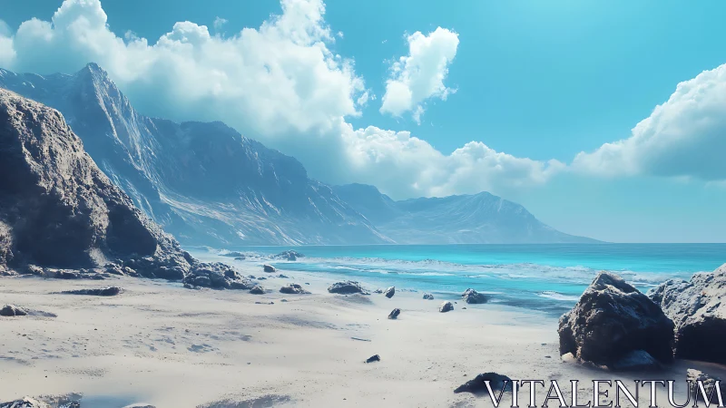 Coastal mountain shoreline under clear cyan daylight sky.