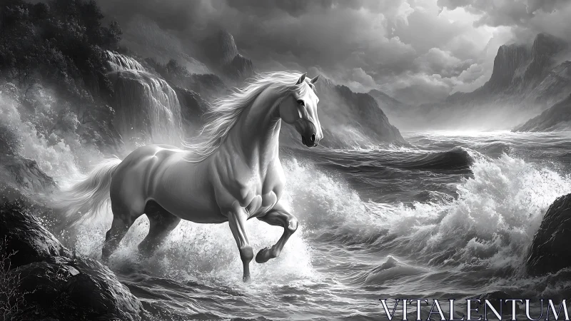 Storm-surge stallion in monochrome cinematic seascape.