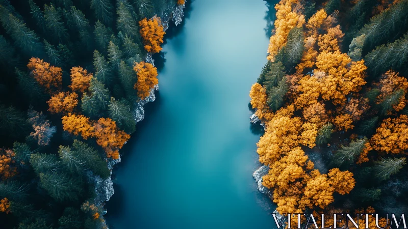 Serene teal river divides misty autumn forest in vivid contrast