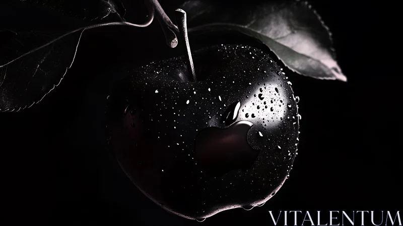 Midnight tech apple gleams with droplets and quiet power