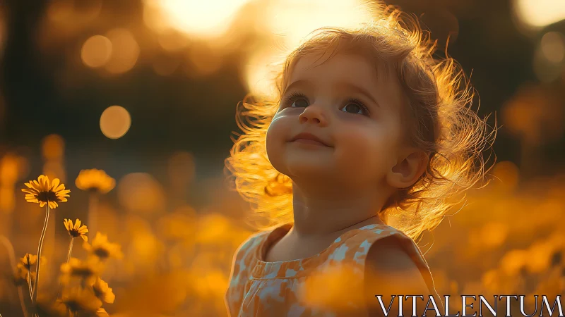 Toddler in golden hour field of daisies with upward gaze