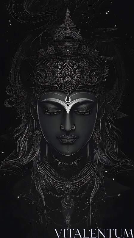 Divine monochrome deity portrait glows in celestial dark.