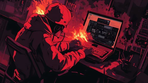 Hooded operator codes on laptop as stylized flames frame workstation