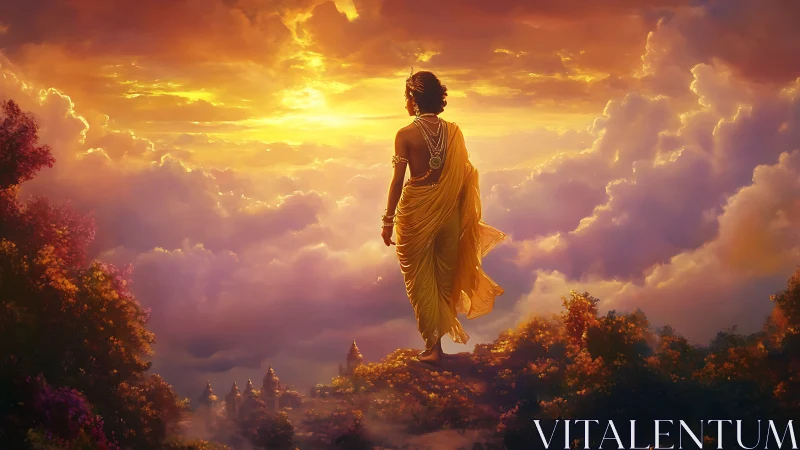 Golden-robed figure surveys celestial sunrise above clouds