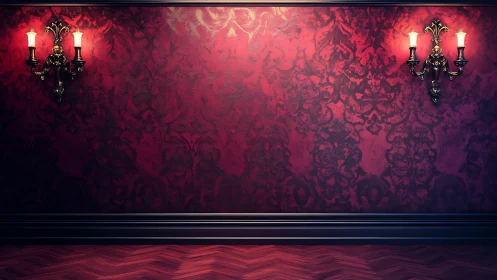 Red damask wall with two lit brass sconces stands centered