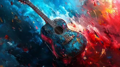 Guitar adrift in paint-splashed cosmos of red and blue sound.