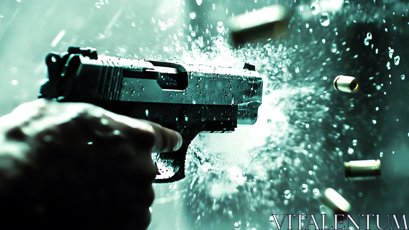 Handgun discharges bullet amid water spray in close focus