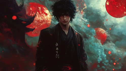 Dark anime warrior under red moons in stormy sky.