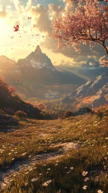 Sunlit alpine valley with sakura bloom and drifting petals.