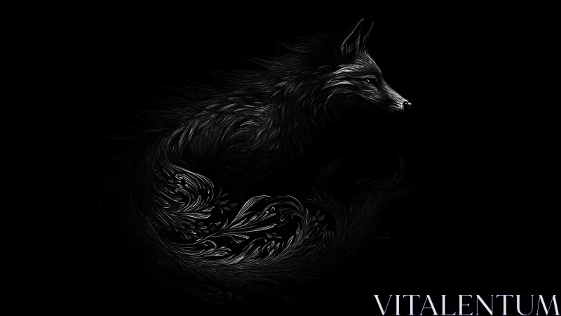 Stylized monochrome fox silhouette occupies a dark background