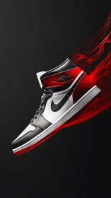Bold red and white sneaker in motion with fiery energy.