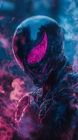 Neon-clad alien warrior emerges through swirling magenta smoke