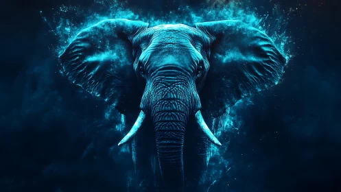 Digital frontal study of blue-illuminated elephant head.