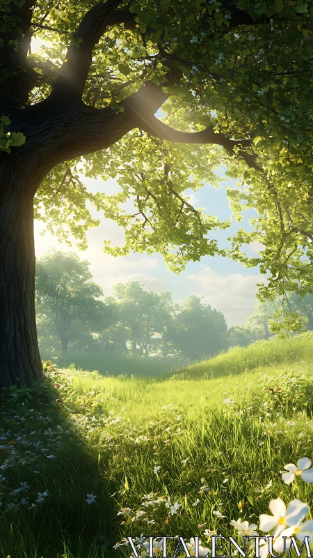 Backlit woodland meadow with volumetric light and detailed foliage