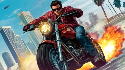 Rebel rider storms flaming freeway in neon city rush.