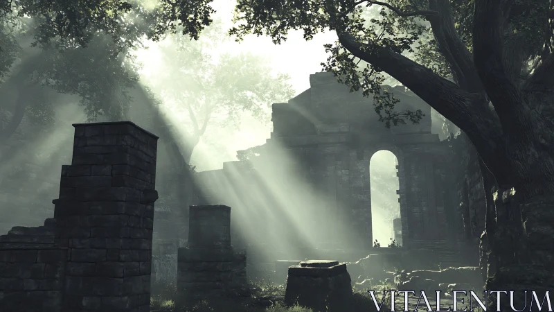 Volumetric sunbeams cut through overgrown stone ruins at dawn