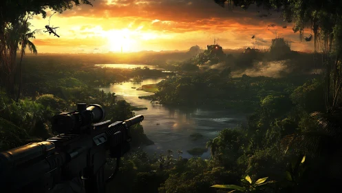 Futuristic rifle overlooks river basin and distant cityscape