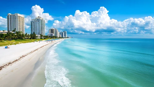 Sunlit high-rises courting a turquoise, cloud-draped shoreline.